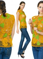 Irish lace blouse mustard-colored withgreen leaves