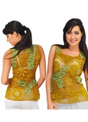Irish lace blouse mustard-coloredwithgreenbranches.