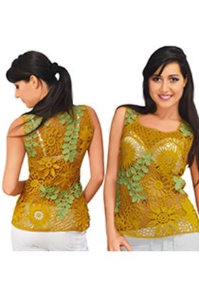 Irish lace blouse mustard-coloredwithgreenbranches.