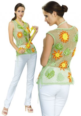 Irish lace blouse lime- colored with green leaves and yellow flowers