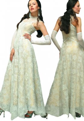 White crocheted  wedding  openwork dress. 