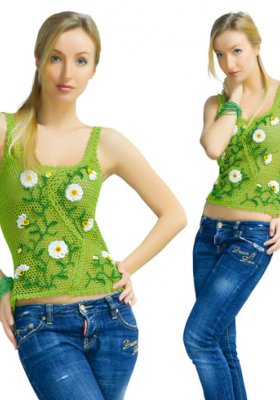 Lime crocheted exclusive elegant top with the decor ofdaisy flowers